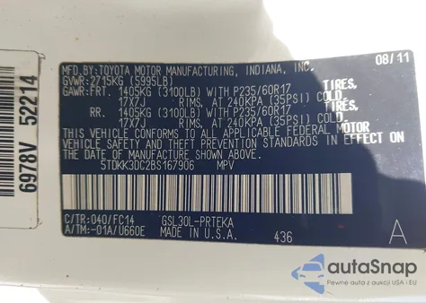 2011 Toyota Sienna Le V6 z USA, uszkodzony, nr VIN 5TDKK3DC2BS167906